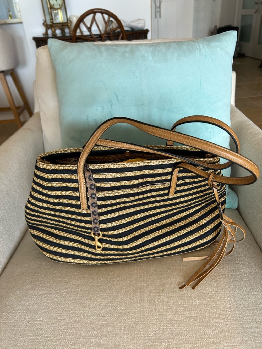 Eric Javits NWT Striped Black and Natural Woven Tote Bag with Tan Trim